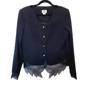 Vintage 80s Reggio Womens 12 Black Rhinestone Button Up Blazer Jacket Lace Hem